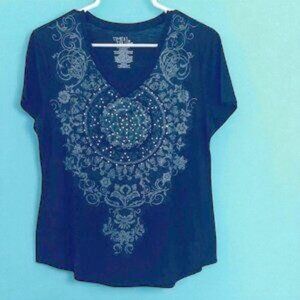 Women's Black Graphic Tee w Bling - M